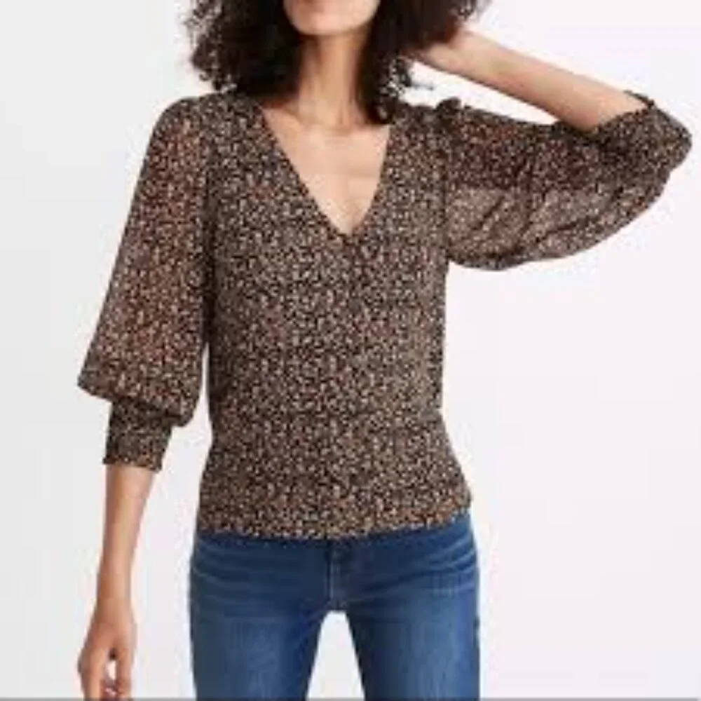 Madewell Georgette Smocked-Cuff Button-Front Shirt in Folktale Paisley EUC 14